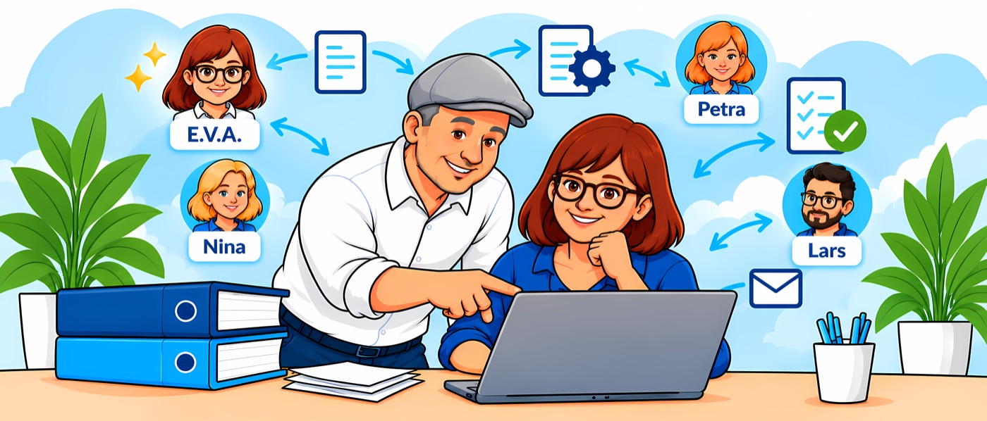 Illustration: Ein Berufsbetreuer zeigt einer Kollegin am Laptop, wie E.V.A. Dokumente sortiert und mit dem Team teilt.